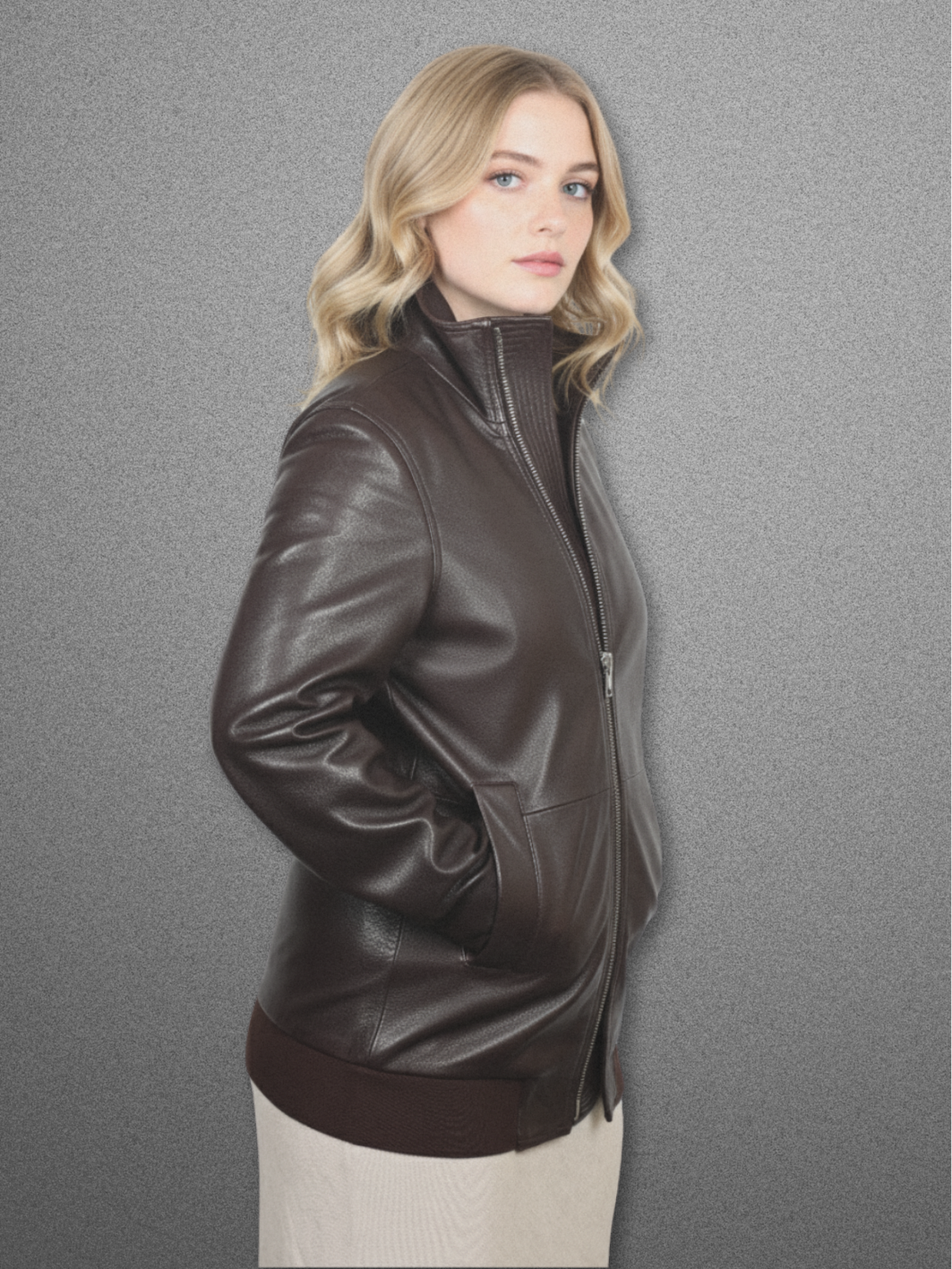 ANTEA Leather Bomber Long Jacket Brown