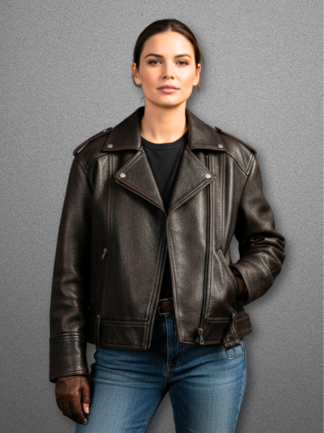 BASIANE Leather Oversized Motorcycle Jacket Brown