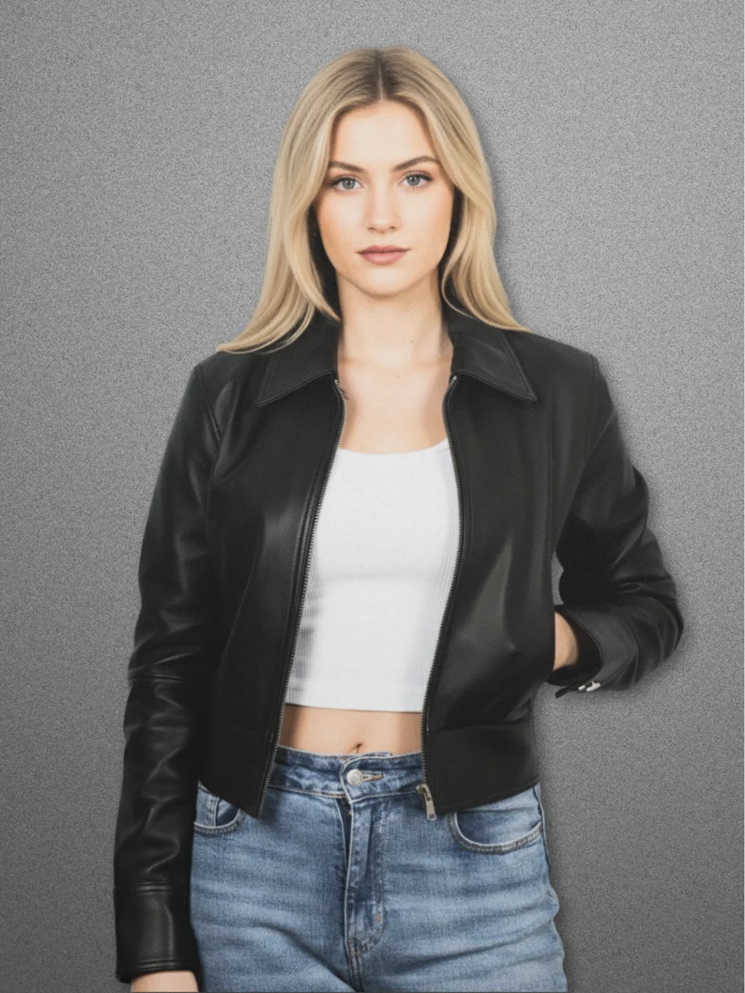 HAIDEE Leather Cropped Bomber Jacket Black
