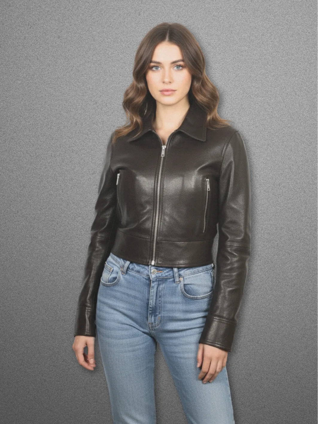 HAIDEE Leather Cropped Bomber Jacket Choco