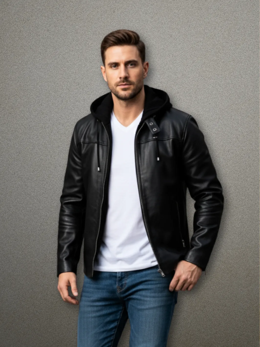 HERMES Leather Zip Front Jacket with Hood