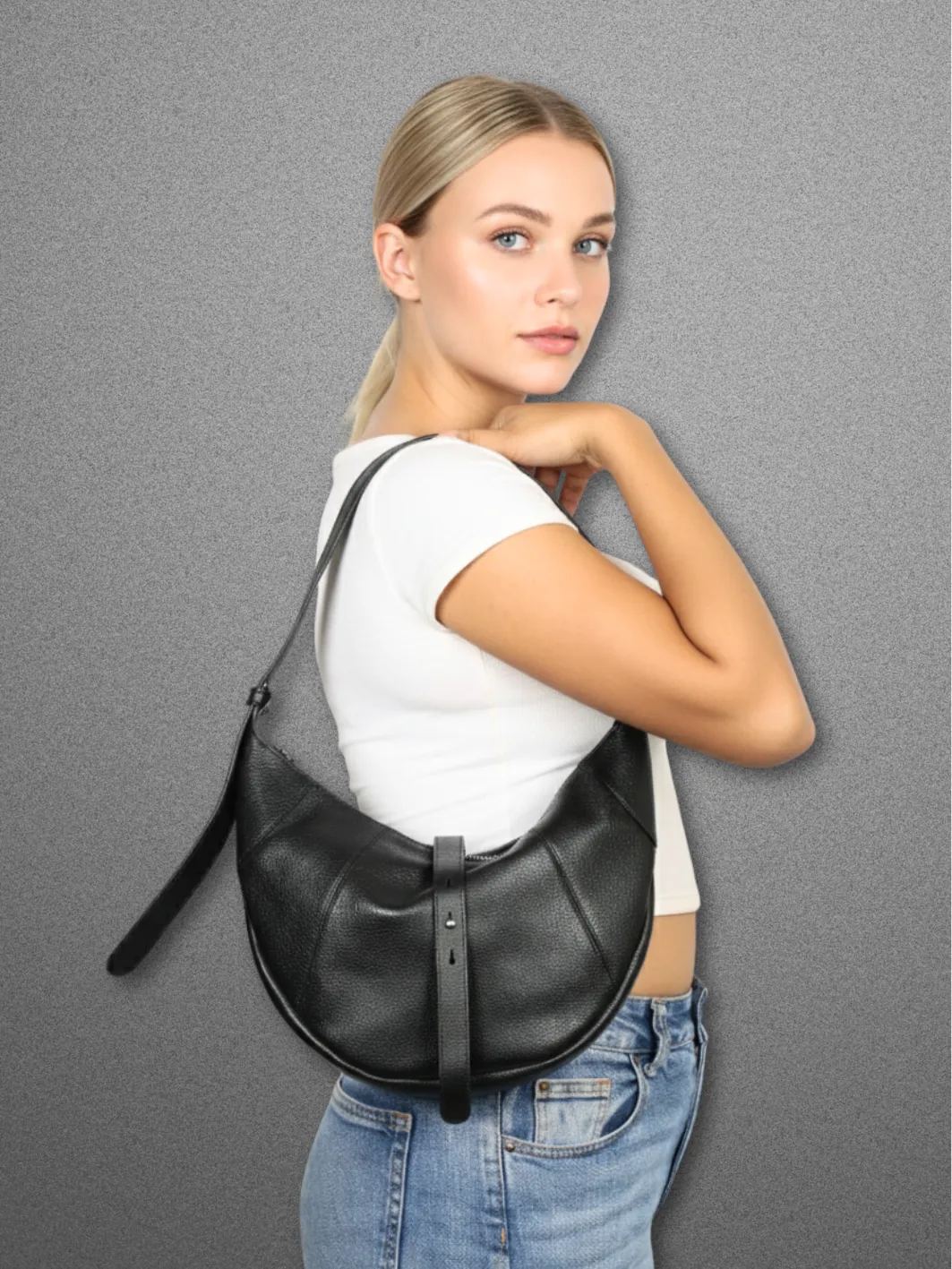 LANIKE Leather Crescent Satchel Black         