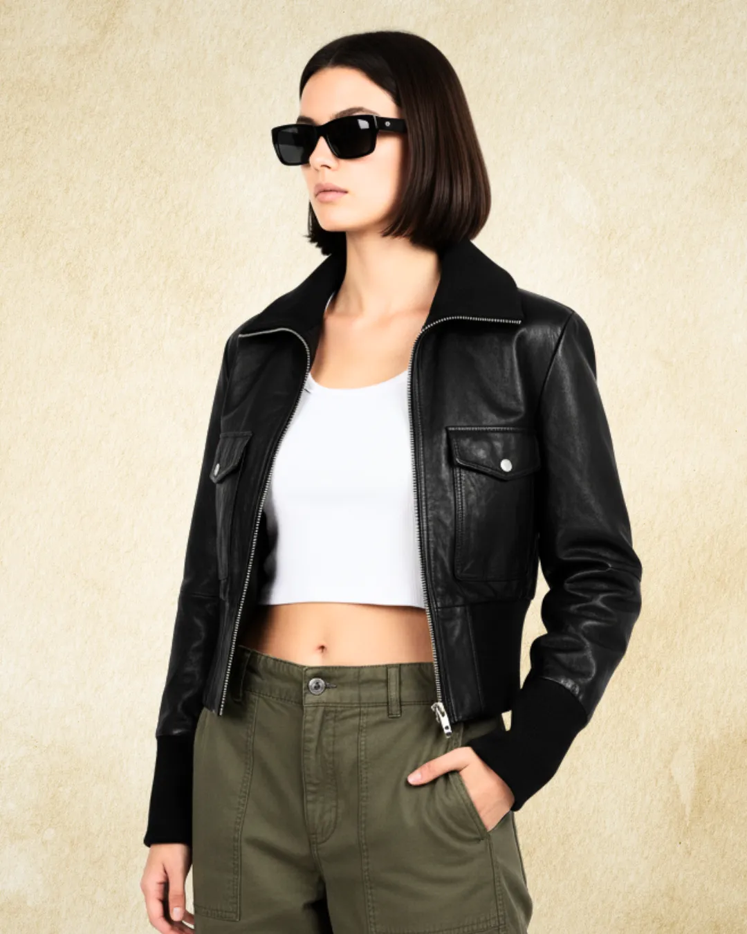 ADARA Leather Cropped Bomber Jacket 