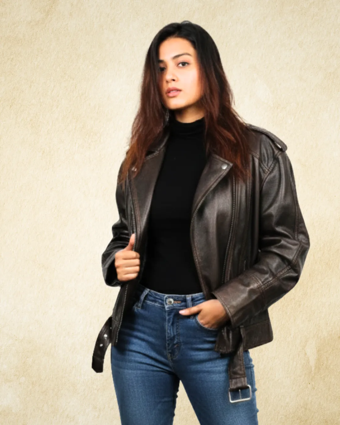 BASIANE Leather Oversized Motorcycle Jacket Brown