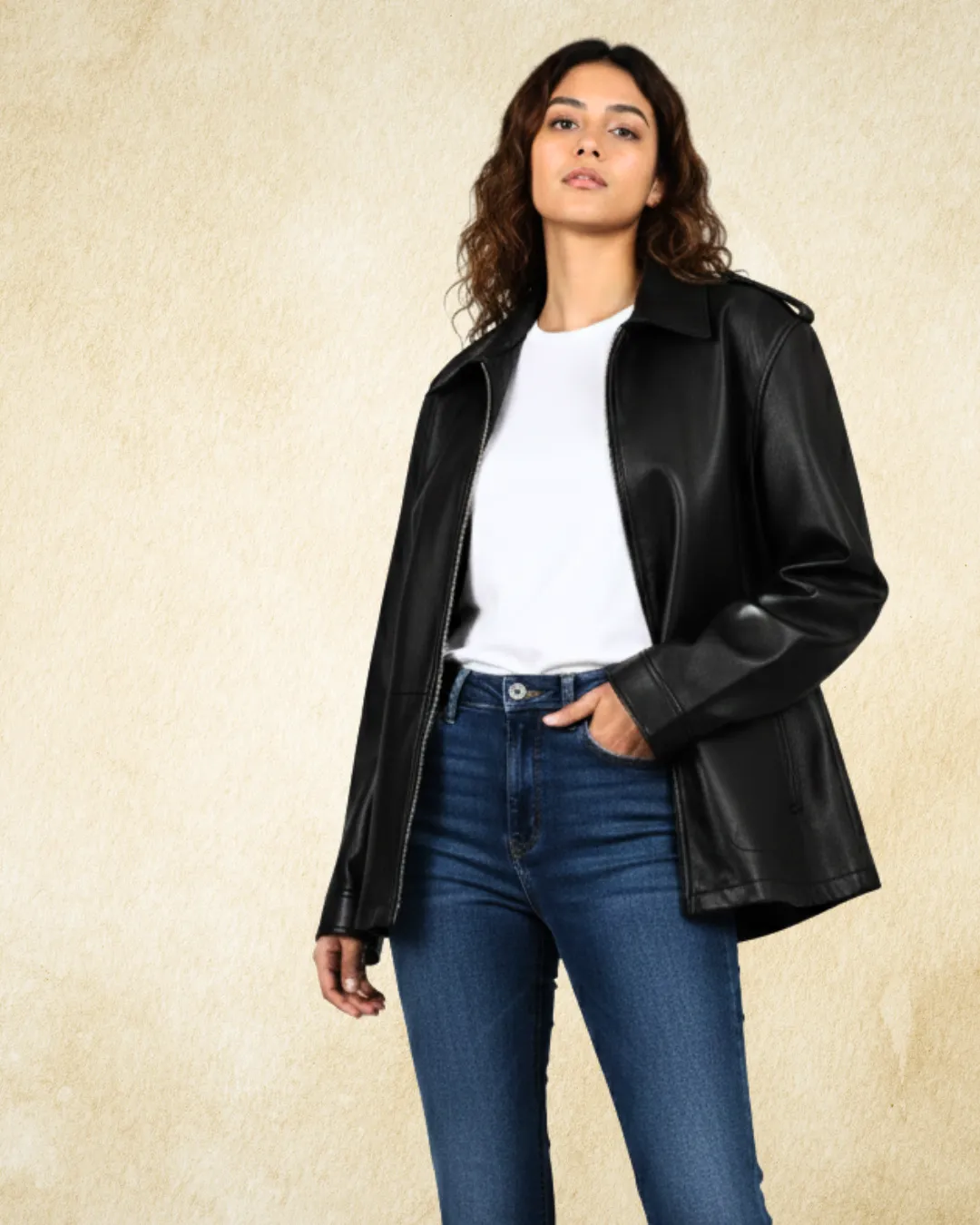 EGINA Leather Oversized Shirt Collar Jacket