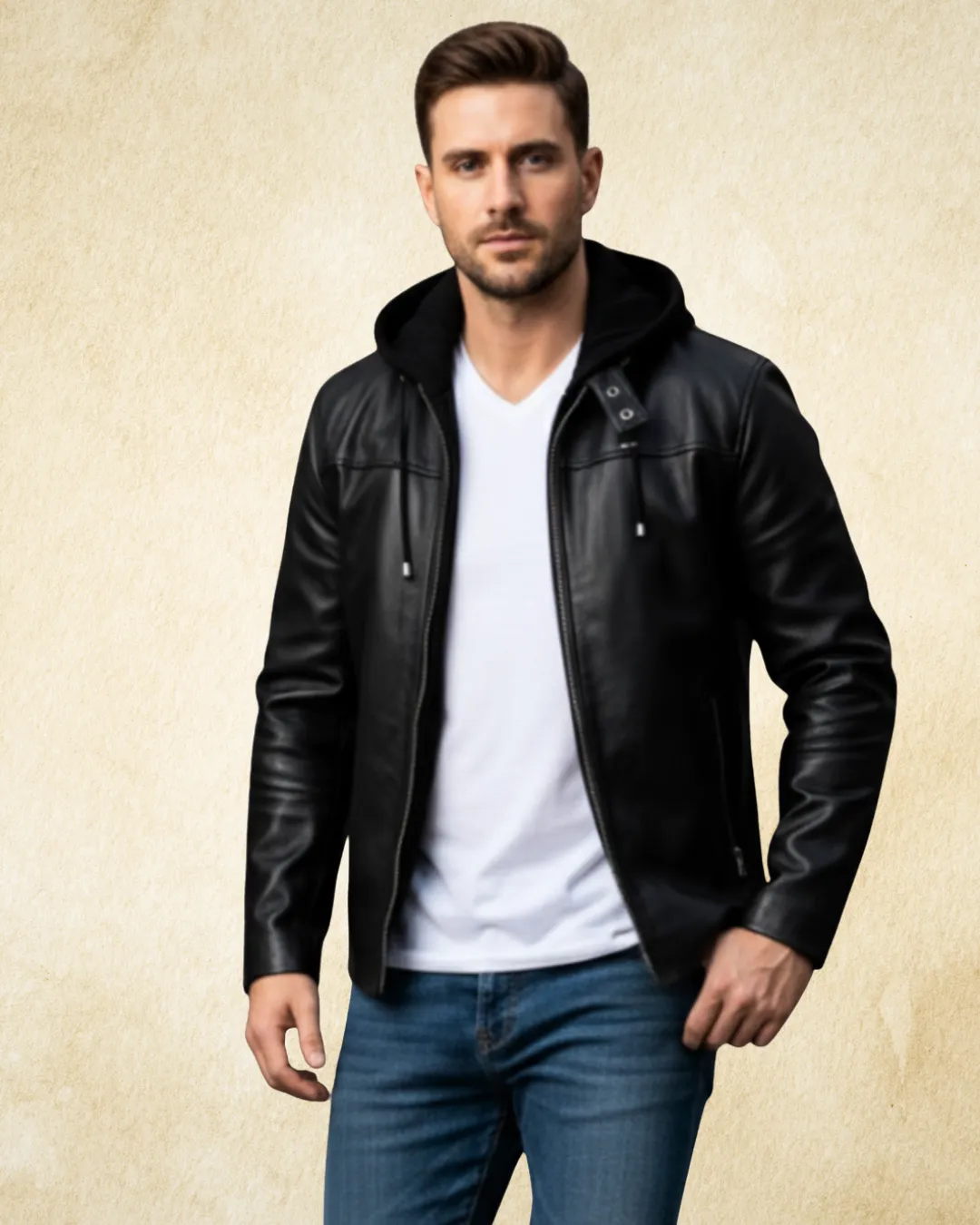 HERMES Leather Zip Front Jacket with Hood