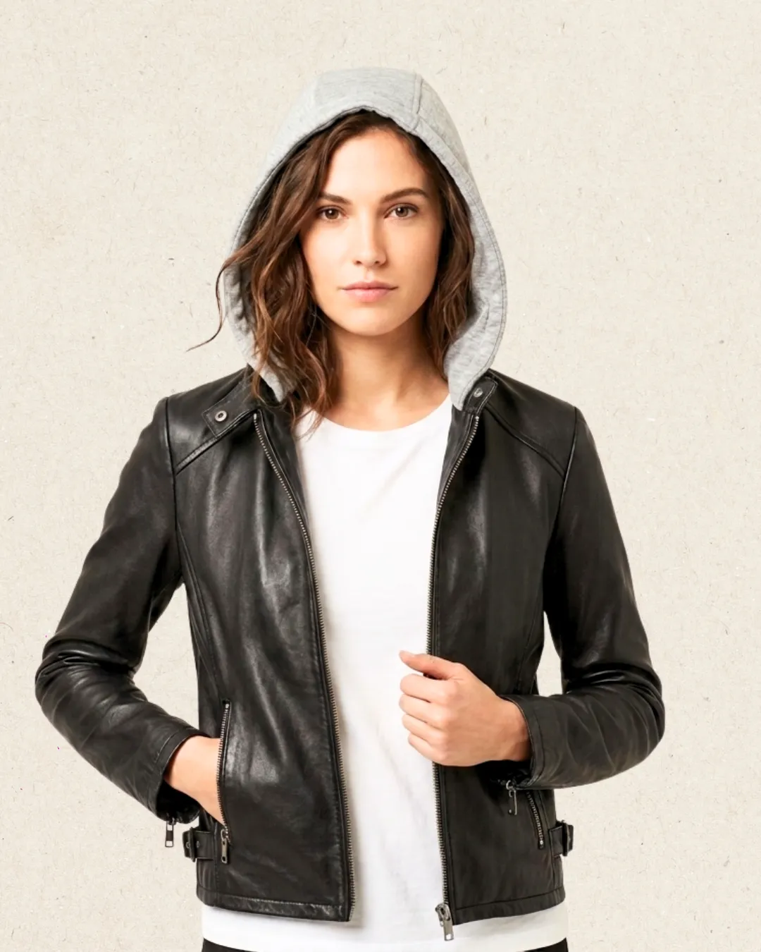 AKETA Leather Cafe Racer Jacket with Hood