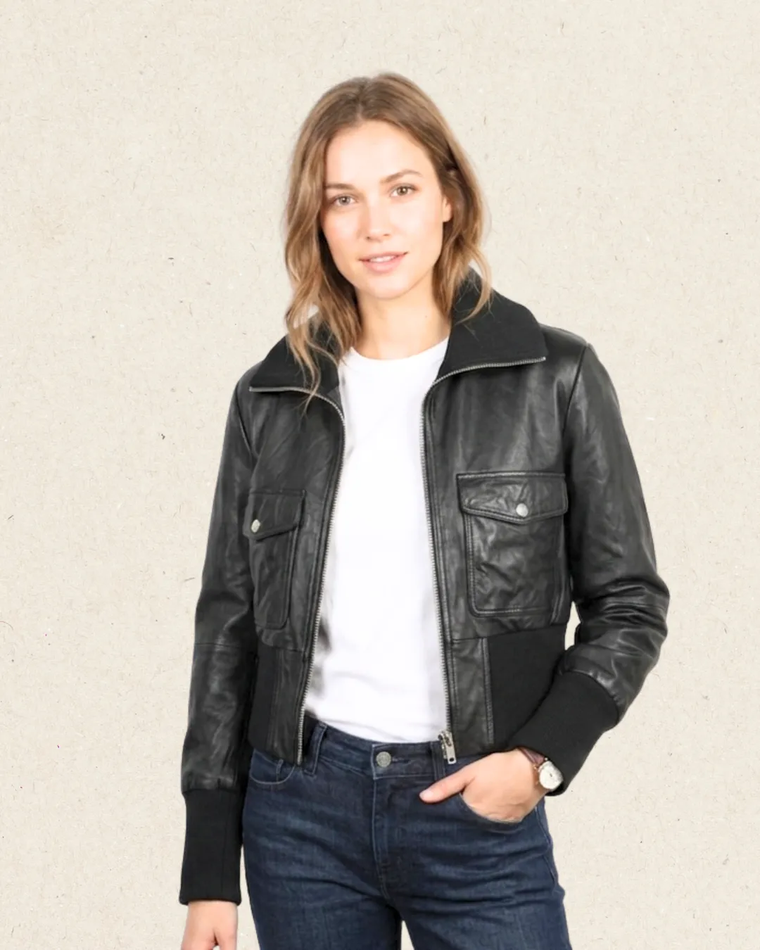 ADARA Leather Cropped Bomber Jacket 