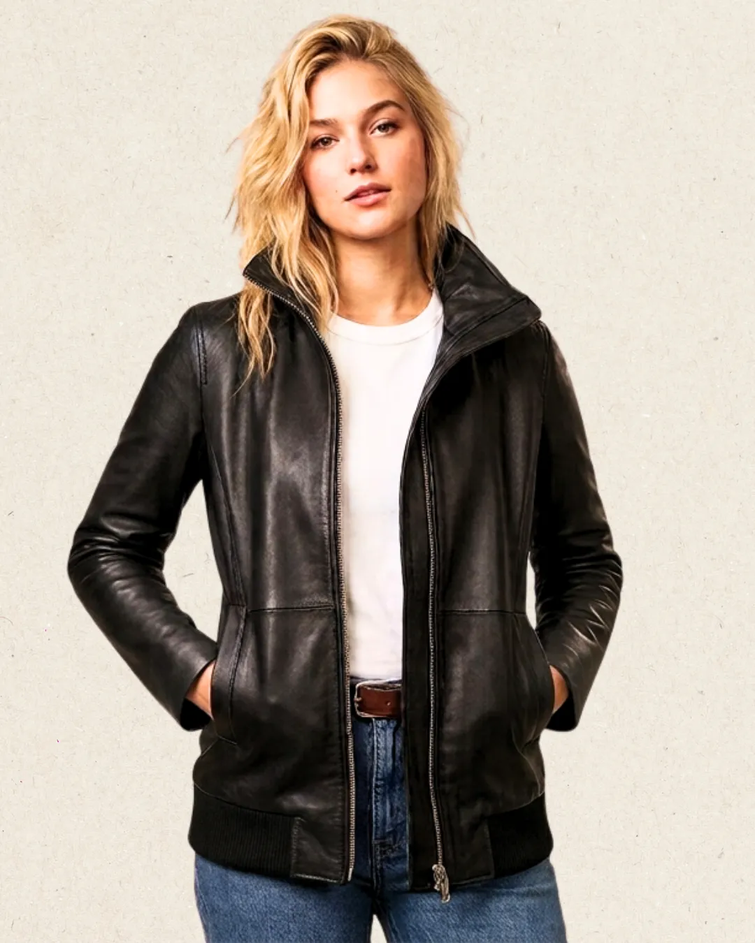 ANTEA Leather Bomber Long Jacket Black