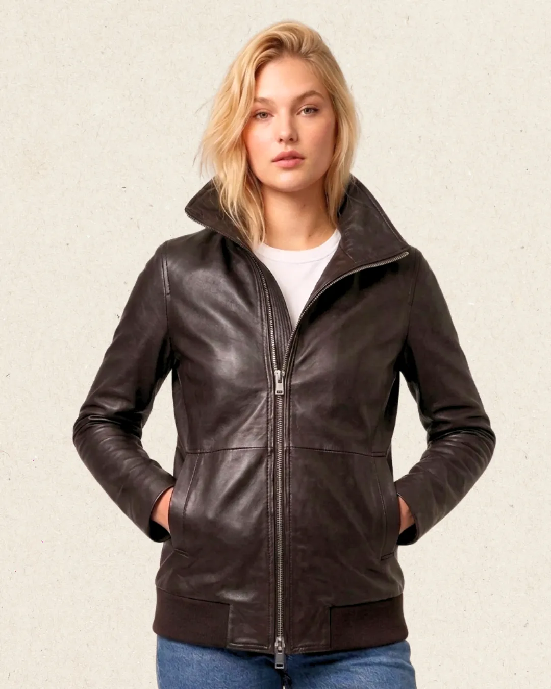 ANTEA Leather Bomber Long Jacket Brown