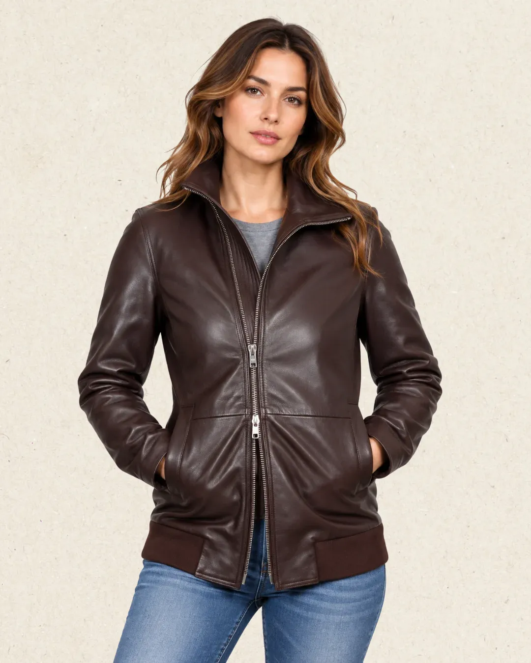 ANTEA Leather Bomber Long Jacket Brown