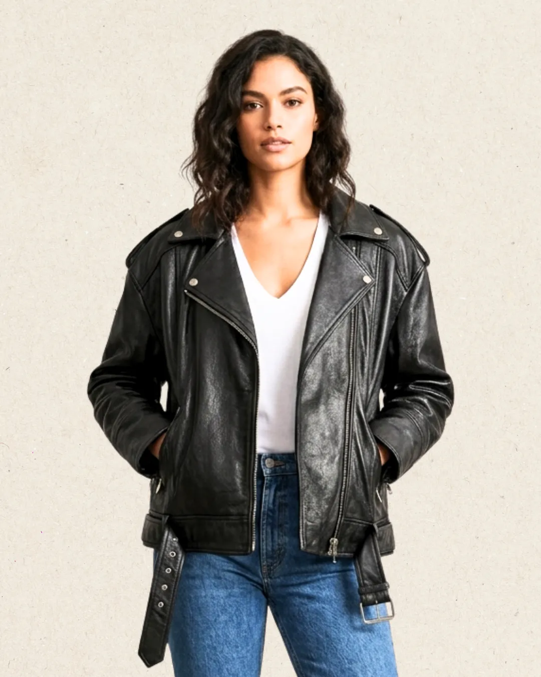 BASIANE Leather Oversized Motorcycle Jacket Black