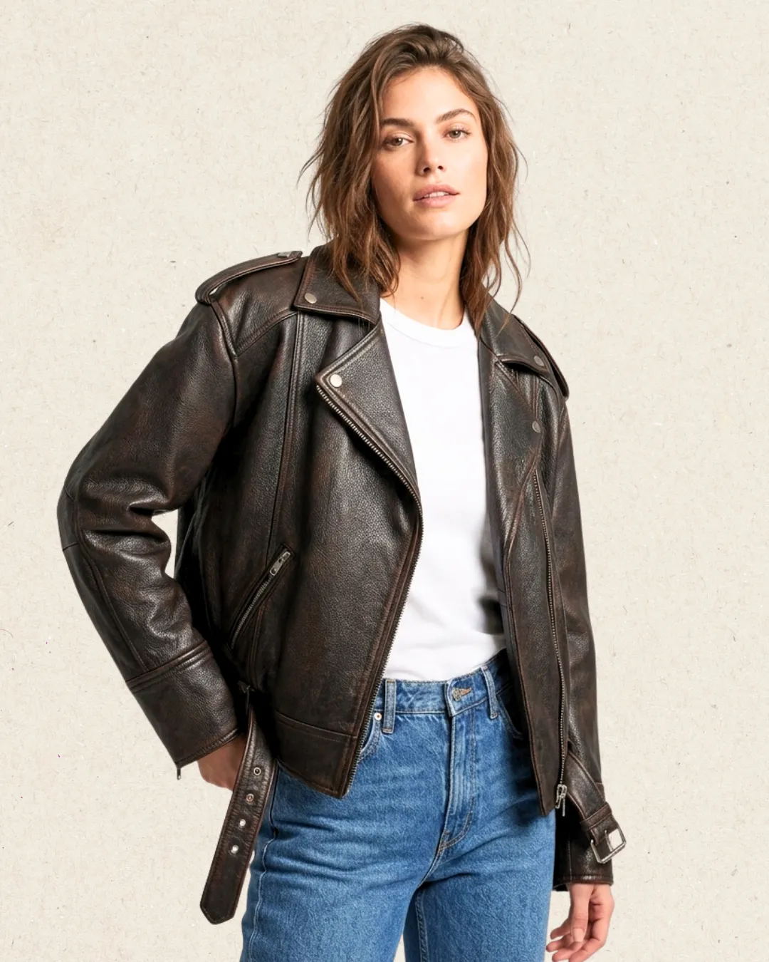 BASIANE Leather Oversized Motorcycle Jacket Brown