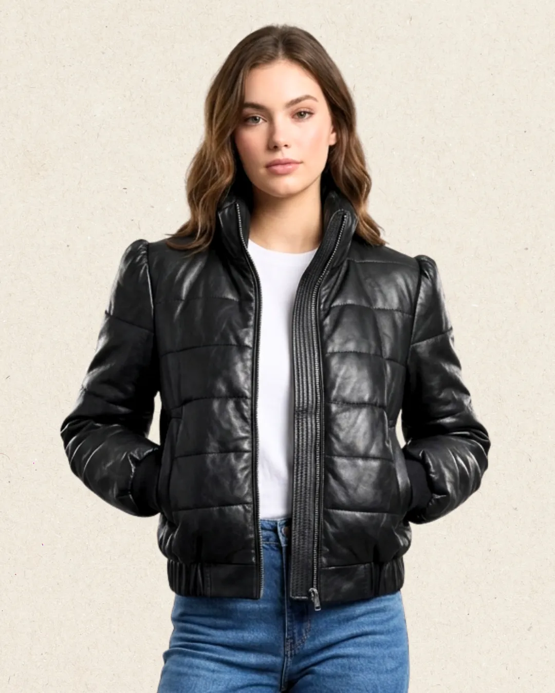 CILLA Leather Quilted Puffer Jacket Black