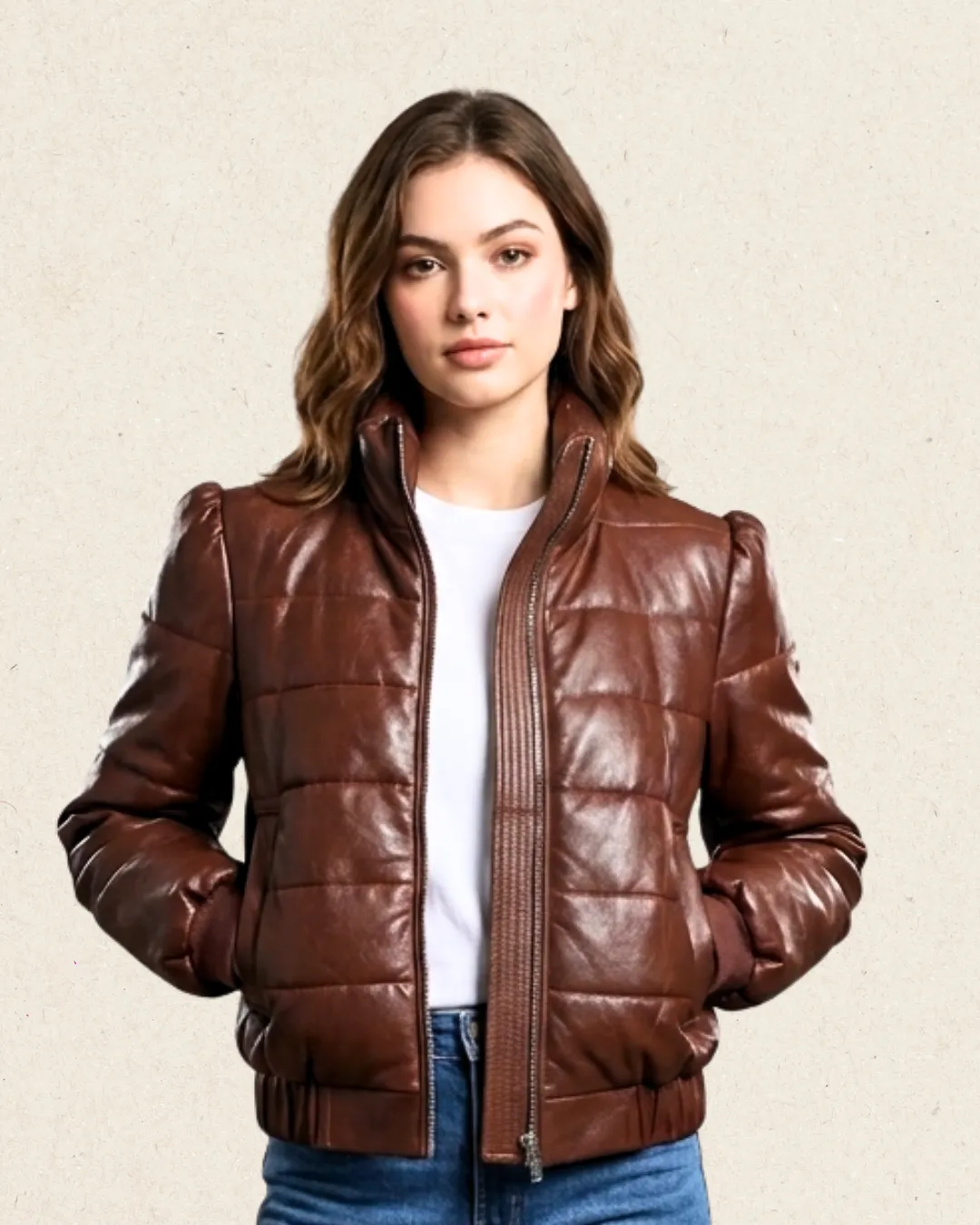 CILLA Leather Quilted Puffer Jacket Caramel