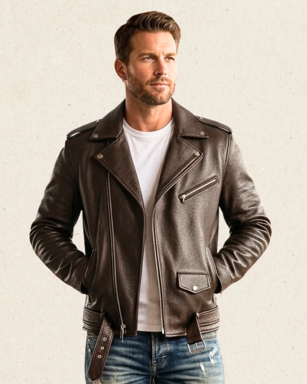 DEON Leather Men's Motorcycle Jacket Russet