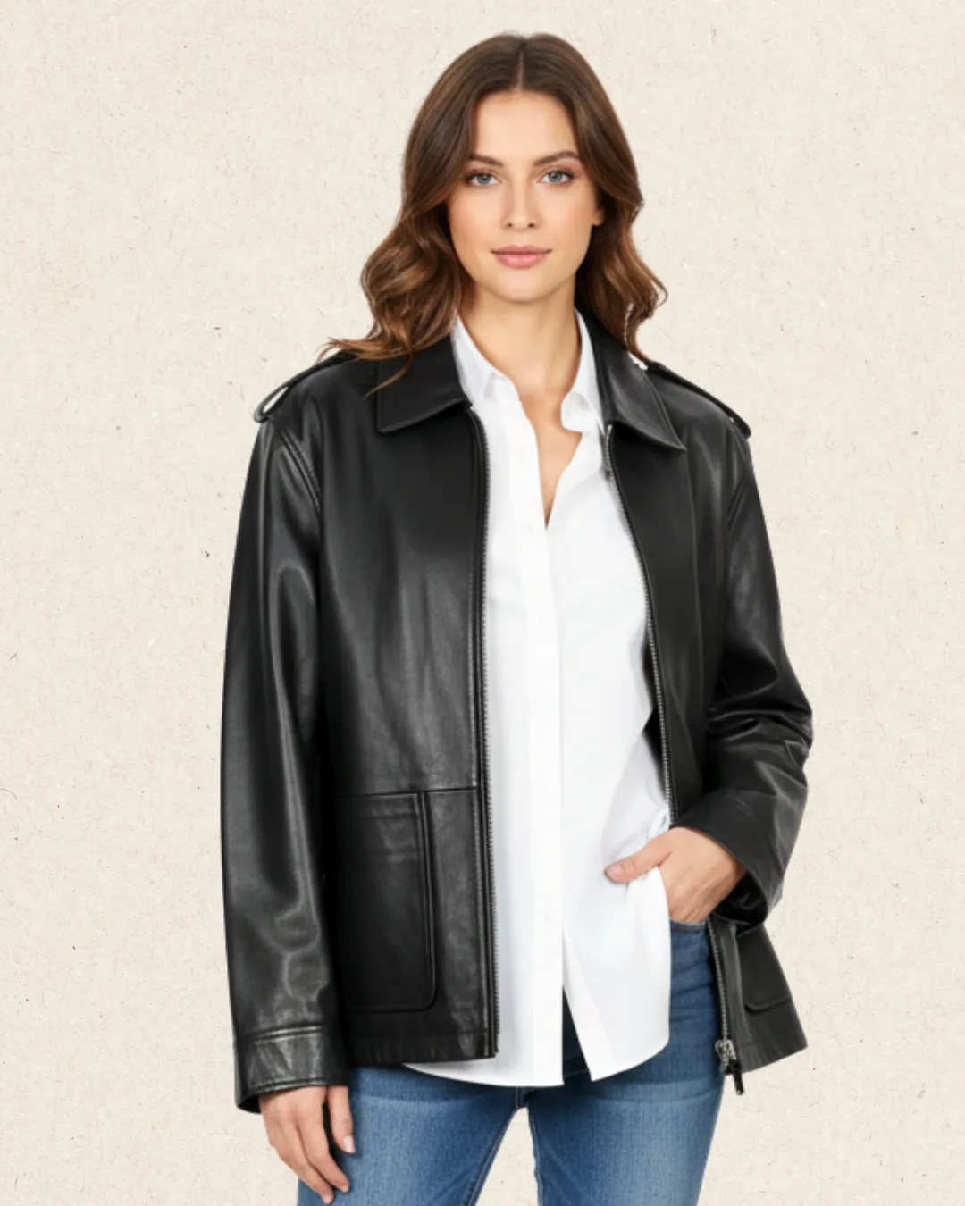 EGINA Leather Oversized Shirt Collar Jacket
