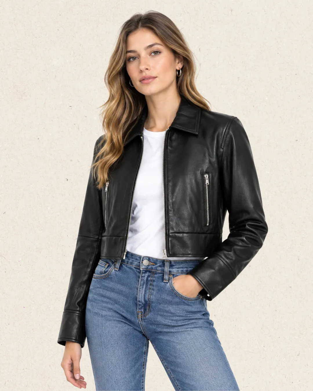 HAIDEE Leather Cropped Bomber Jacket Black