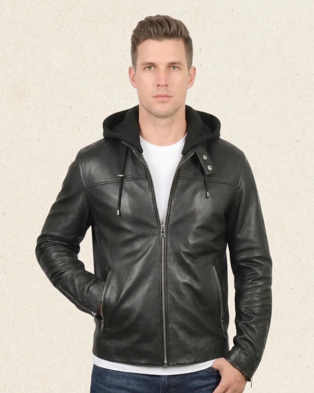 HERMES Leather Zip Front Jacket with Hood