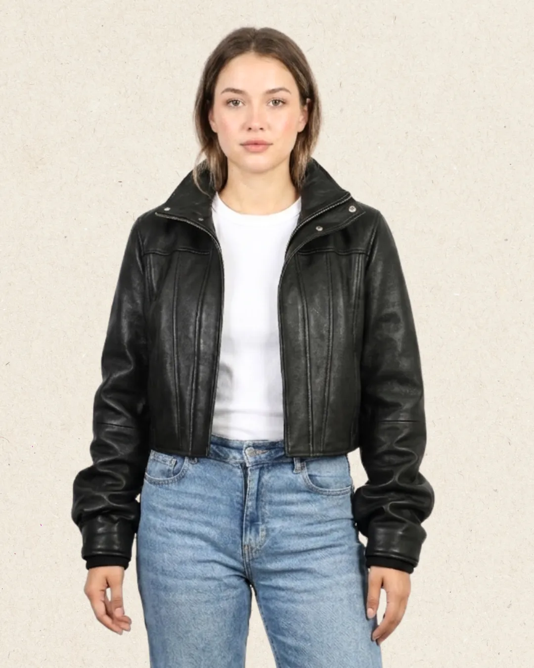 JOCASTA Leather Long Sleeve Cropped Jacket